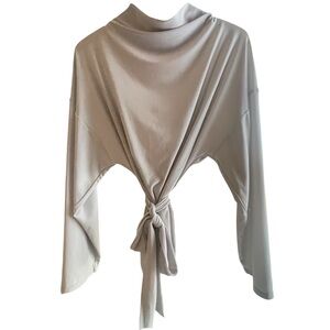 Zara Elegant Chic Light Gray/ Ice Tie Belted Long Sleeves Stretchy Draped Top